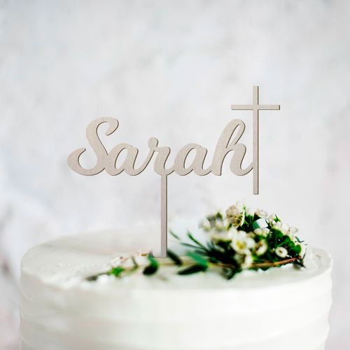Delicate 7cm cross cake topper with text